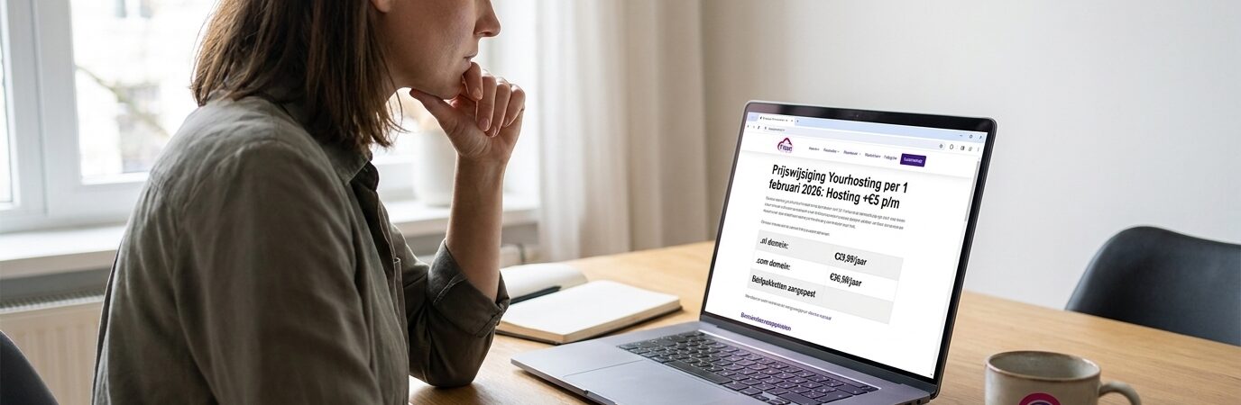 Yourhosting verhoogt prijzen per 1 februari 2026: hostingpakketten +€5 p/m, domeinen en mailtarieven aangepast