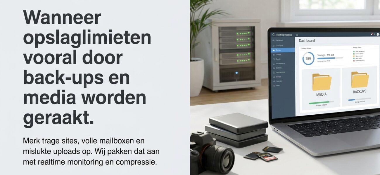 Web-Hosting Wanneer opslaglimieten vooral door back-ups en media worden geraakt.